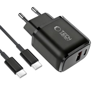 TECH-PROTECT NCA45W-GAN 2-PORT NETWORK CHARGER PD 45W / QC3.0 + TYPE-C CABLE BLACK