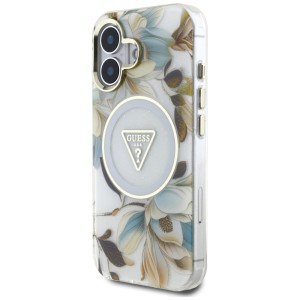 Etui Guess Glitter Flowers Triangle      Buttons MagSafe do iPhone 16 biały