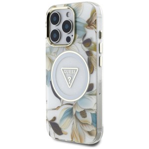 Etui Guess Glitter Flowers Triangle      Buttons MagSafe do iPhone 16 Pro biały
