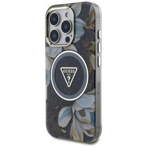 Etui Guess Glitter Flowers Triangle      Buttons MagSafe do iPhone 16 Pro Max czarny