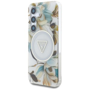 Etui Guess Glitter Flowers Triangle      Buttons MagSafe do Samsung Galaxy S25 biały