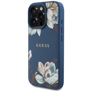 Etui Guess Grained Printed Flower        Pattern MagSafe do iPhone 16 Pro Max niebieski