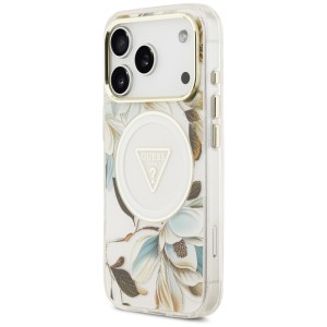 Etui Guess IML Glitter Flowers Triangle  MagSafe do iPhone 17 Pro Max biały