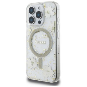 Etui Guess Resin Flowers Glitter MagSafe do iPhone 16 Pro Max beżowy