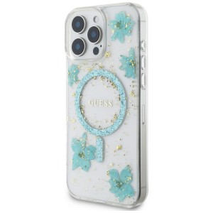 Etui Guess Resin Flowers Glitter MagSafe do iPhone 16 Pro turkusowy