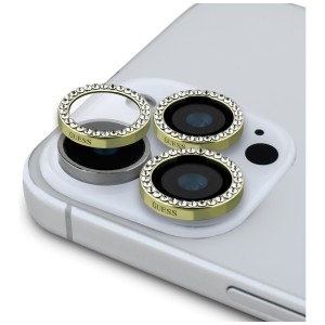 Zestaw 2w1 Guess BP Rhinestone szkło na  ekran i obiektyw aparatu do iPhone 16 Pro Max złoty