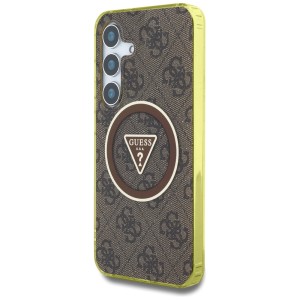 Etui Guess 4G Glitter Triangle Buttons MagSafe do Samsung Galaxy S25 brązowy