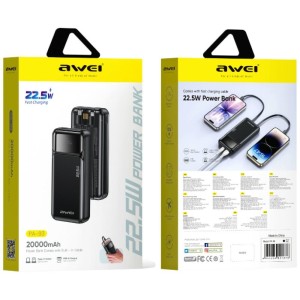 Powerbank Awei PA-93 20000mAh 22,5W PD   2xUSB-C + kabel czarny